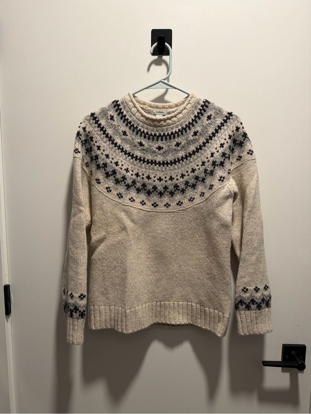 L.L. Bean Cream Fair Isle Yoke Wool Sweater with Black Pattern